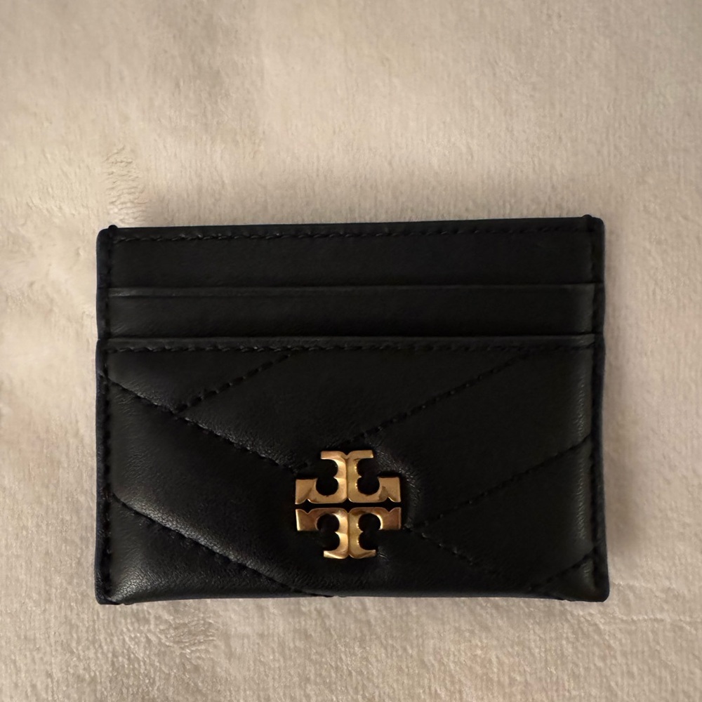 Tory Burch Quilted Chevron Kira Black Card Holder with Gold Logo